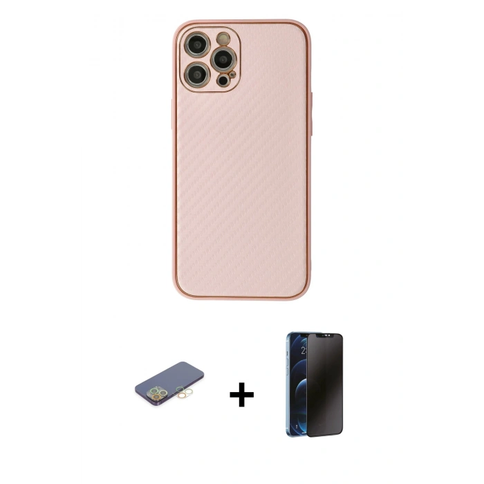 MARSİLYAN™- iPhone 12 Pro Max Kılıf Ahenk Işık - Siyah 3D Antistatik Hayalet Cam Ekran Koruyucu + Renkli Kamera Lens Koruma Cam - SI
