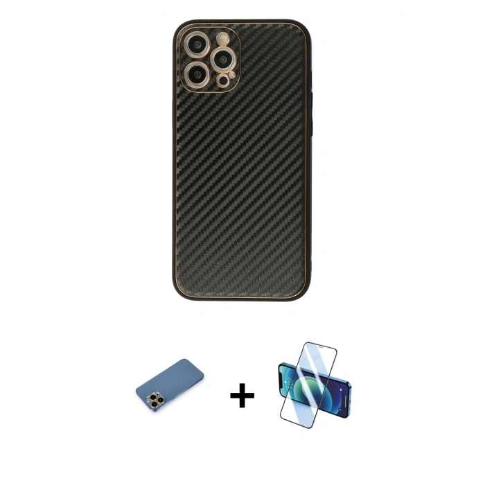 MARSİLYAN™- iPhone 12 Pro Max Kılıf Ahenk Işık - Siyah 3D Antistatik Seramik Nano Ekran Koruyucu + Shine Kamera Lens Koruma Cam - GD