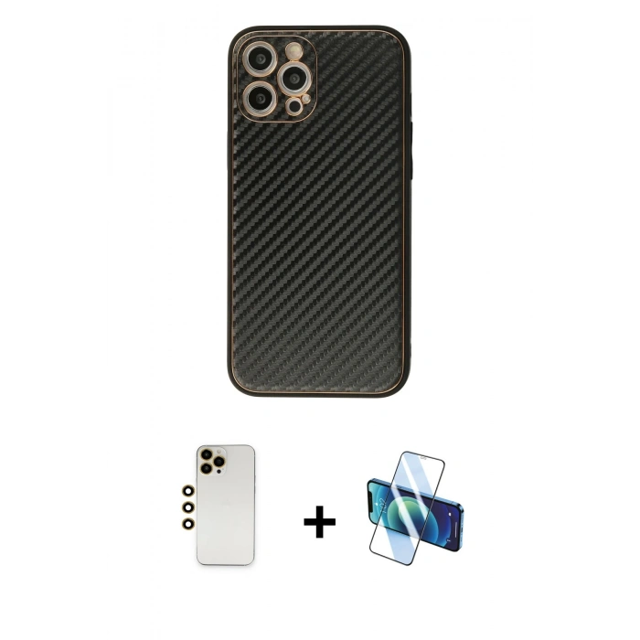 MARSİLYAN™- iPhone 12 Pro Max Kılıf Ahenk Işık - Siyah 3D Antistatik Seramik Nano Ekran Koruyucu + Shine Kamera Lens - GD