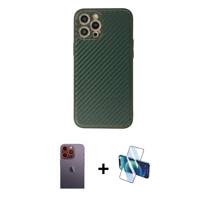 MARSİLYAN™- iPhone 12 Pro Max Kılıf Ahenk Işık - Siyah 3D Antistatik Seramik Nano Ekran Koruyucu + Neon Fosforlu Kamera Lens - TU