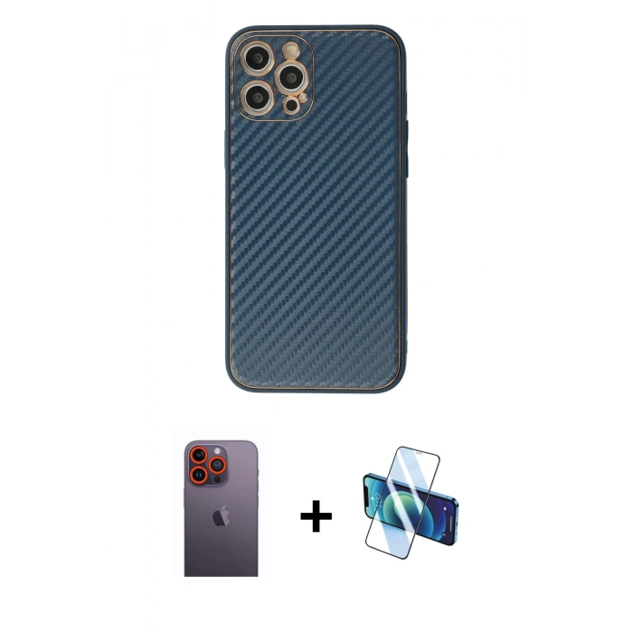 MARSİLYAN™- iPhone 12 Pro Max Kılıf Ahenk Işık - Siyah 3D Antistatik Seramik Nano Ekran Koruyucu + Neon Fosforlu Kamera Lens - TU