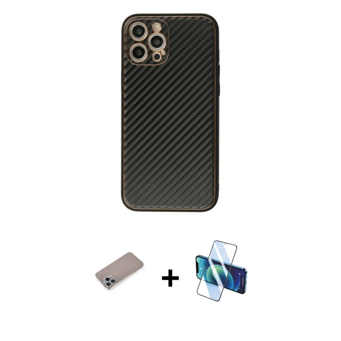 MARSİLYAN™- iPhone 12 Pro Max Kılıf Ahenk Işık - Siyah 3D Antistatik Seramik Nano Ekran Koruyucu + Shine Kamera Lens Koruma Cam - SABE