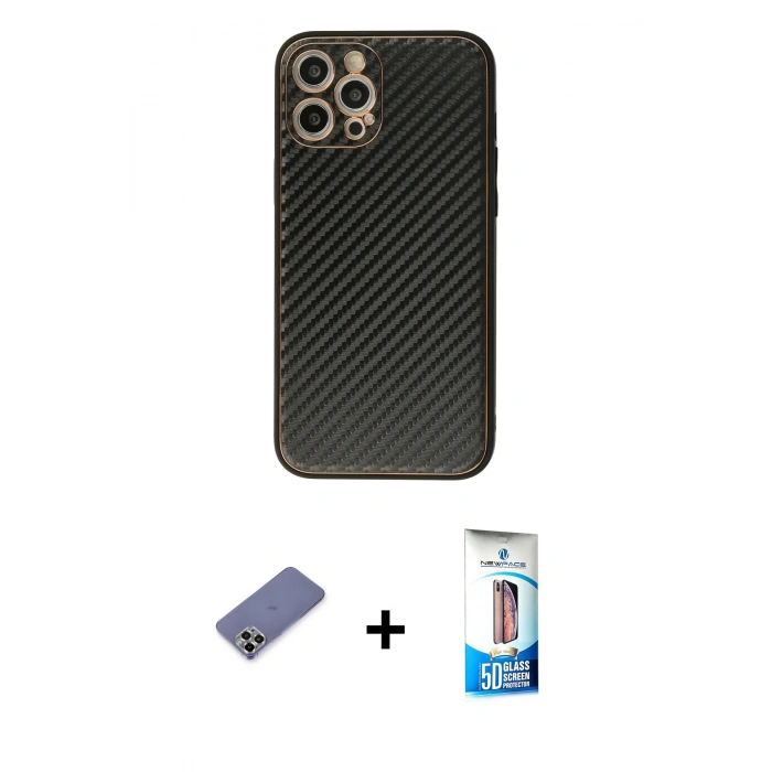MARSİLYAN™- iPhone 12 Pro Max Kılıf Ahenk Işık - Siyah 5D Eko Cam Ekran Koruyucu + Metal Kamera Lens Koruma Cam - GD