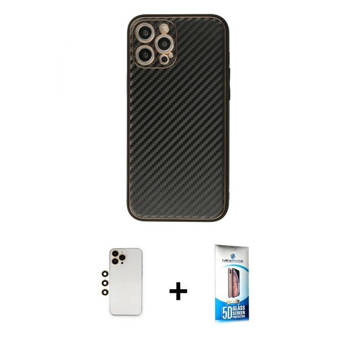 MARSİLYAN™- iPhone 12 Pro Max Kılıf Ahenk Işık - Siyah 5D Eko Cam Ekran Koruyucu + Shine Kamera Lens - GD