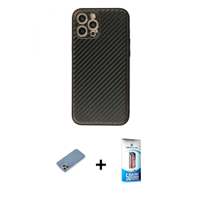 MARSİLYAN™- iPhone 12 Pro Max Kılıf Ahenk Işık - Siyah 5D Eko Cam Ekran Koruyucu + Shine Kamera Lens Koruma Cam - GS