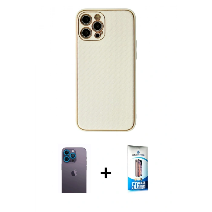 MARSİLYAN™- iPhone 12 Pro Max Kılıf Ahenk Işık - Siyah 5D Eko Cam Ekran Koruyucu + Neon Fosforlu Kamera Lens - MI