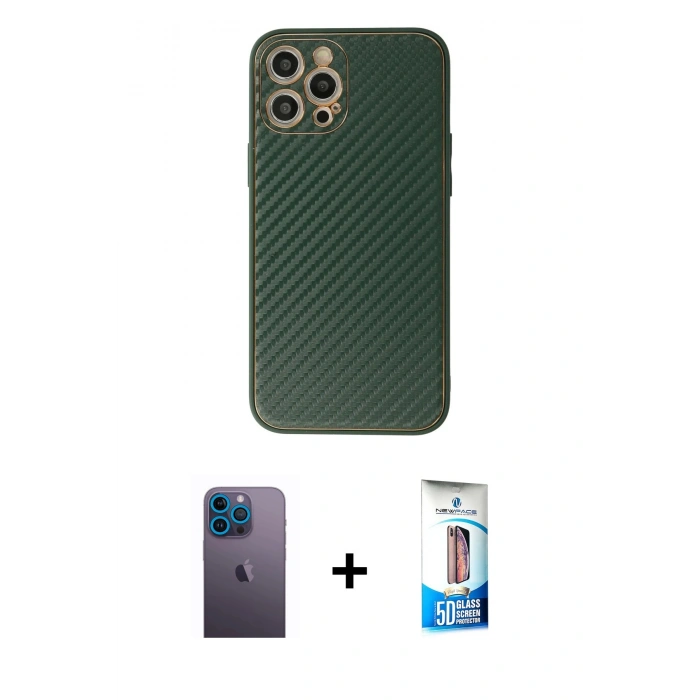 MARSİLYAN™- iPhone 12 Pro Max Kılıf Ahenk Işık - Siyah 5D Eko Cam Ekran Koruyucu + Neon Fosforlu Kamera Lens - MI