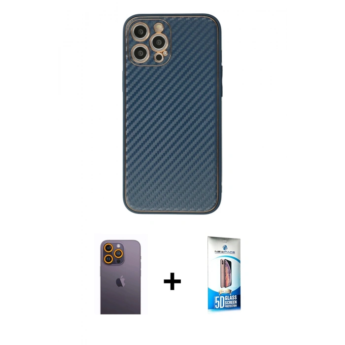 MARSİLYAN™- iPhone 12 Pro Max Kılıf Ahenk Işık - Siyah 5D Eko Cam Ekran Koruyucu + Neon Fosforlu Kamera Lens - SI