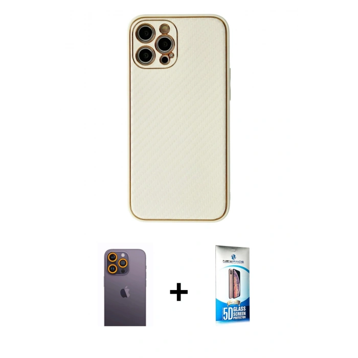 MARSİLYAN™- iPhone 12 Pro Max Kılıf Ahenk Işık - Siyah 5D Eko Cam Ekran Koruyucu + Neon Fosforlu Kamera Lens - SI