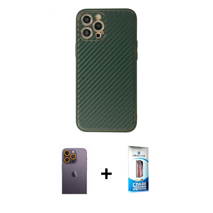 MARSİLYAN™- iPhone 12 Pro Max Kılıf Ahenk Işık - Siyah 5D Eko Cam Ekran Koruyucu + Neon Fosforlu Kamera Lens - SI
