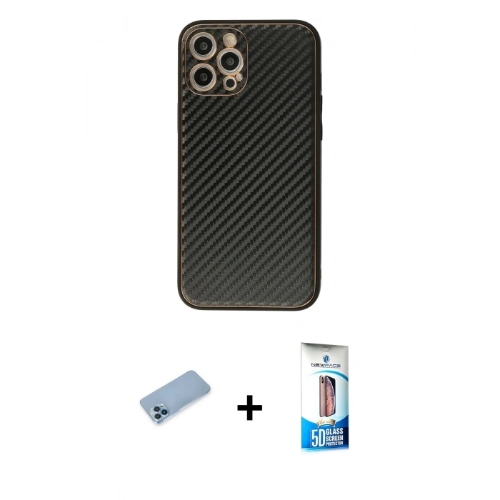 MARSİLYAN™- iPhone 12 Pro Max Kılıf Ahenk Işık - Siyah 5D Eko Cam Ekran Koruyucu + Shine Kamera Lens Koruma Cam - MI