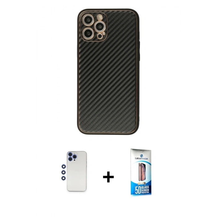MARSİLYAN™- iPhone 12 Pro Max Kılıf Ahenk Işık - Siyah 5D Eko Cam Ekran Koruyucu + Shine Kamera Lens - LT