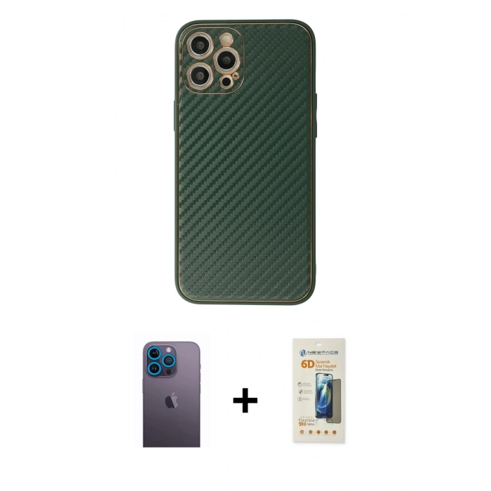 MARSİLYAN™- iPhone 12 Pro Max Kılıf Ahenk Işık - Siyah 6D Mat Seramik Hayalet Nano Ekran Koruyucu + Neon Fosforlu Kamera Lens - MI