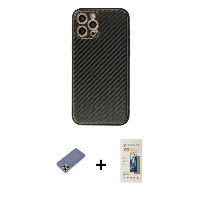 MARSİLYAN™- iPhone 12 Pro Max Kılıf Ahenk Işık - Siyah 6D Mat Seramik Hayalet Nano Ekran Koruyucu + Metal Kamera Lens Koruma Cam - GD
