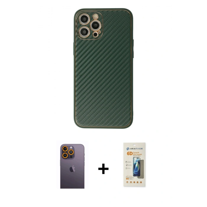 MARSİLYAN™- iPhone 12 Pro Max Kılıf Ahenk Işık - Siyah 6D Mat Seramik Hayalet Nano Ekran Koruyucu + Neon Fosforlu Kamera Lens - SI