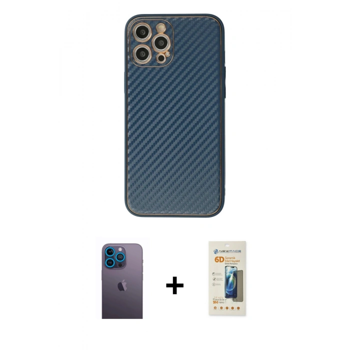 MARSİLYAN™- iPhone 12 Pro Max Kılıf Ahenk Işık - Siyah 6D Mat Seramik Hayalet Nano Ekran Koruyucu + Neon Fosforlu Kamera Lens - MI