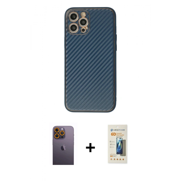 MARSİLYAN™- iPhone 12 Pro Max Kılıf Ahenk Işık - Siyah 6D Mat Seramik Hayalet Nano Ekran Koruyucu + Neon Fosforlu Kamera Lens - SI
