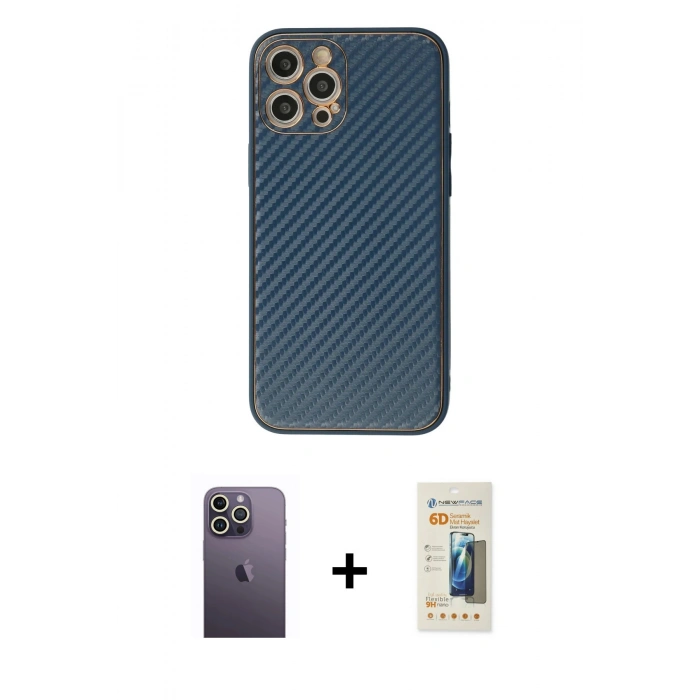 MARSİLYAN™- iPhone 12 Pro Max Kılıf Ahenk Işık - Siyah 6D Mat Seramik Hayalet Nano Ekran Koruyucu + Neon Fosforlu Kamera Lens - BZ