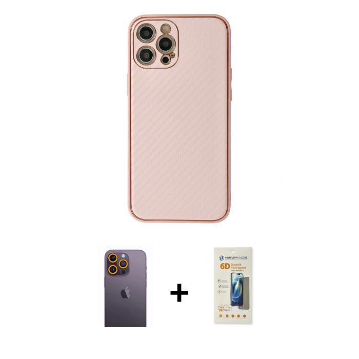 MARSİLYAN™- iPhone 12 Pro Max Kılıf Ahenk Işık - Siyah 6D Mat Seramik Hayalet Nano Ekran Koruyucu + Neon Fosforlu Kamera Lens - SI