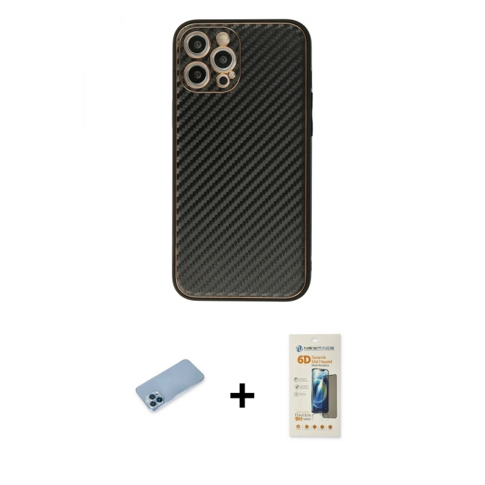 MARSİLYAN™- iPhone 12 Pro Max Kılıf Ahenk Işık - Siyah 6D Mat Seramik Hayalet Nano Ekran Koruyucu + Shine Kamera Lens Koruma Cam - MI
