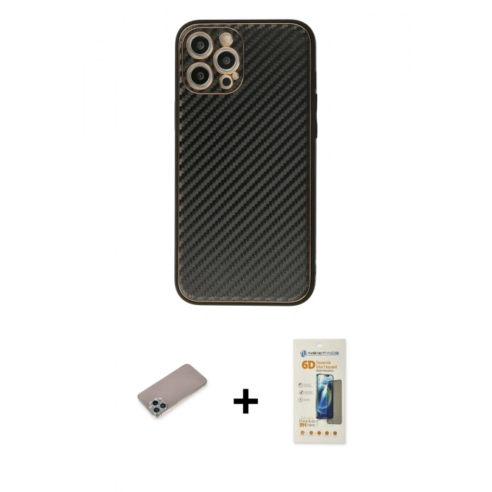 MARSİLYAN™- iPhone 12 Pro Max Kılıf Ahenk Işık - Siyah 6D Mat Seramik Hayalet Nano Ekran Koruyucu + Sierra Blue Shine Kamera Lens Koruma Cam