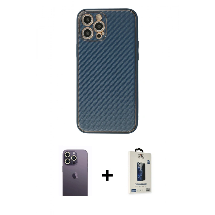 MARSİLYAN™- iPhone 12 Pro Max Kılıf Ahenk Işık - Siyah Bilvis Hayalet Cam Ekran Koruyucu + Neon Fosforlu Kamera Lens - BZ