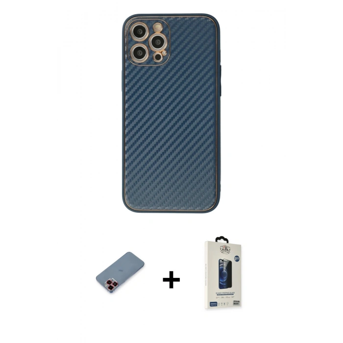 MARSİLYAN™- iPhone 12 Pro Max Kılıf Ahenk Işık - Siyah Bilvis Hayalet Cam Ekran Koruyucu + Metal Kamera Lens Koruma Cam - KI