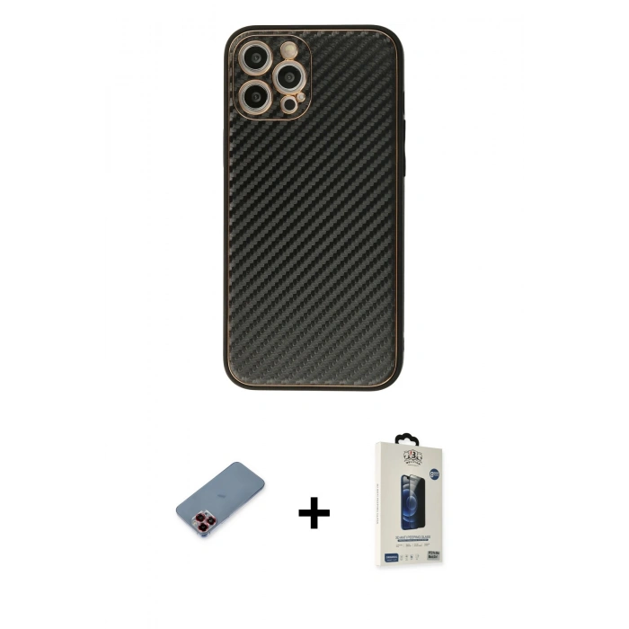MARSİLYAN™- iPhone 12 Pro Max Kılıf Ahenk Işık - Siyah Bilvis Hayalet Cam Ekran Koruyucu + Metal Kamera Lens Koruma Cam - KI