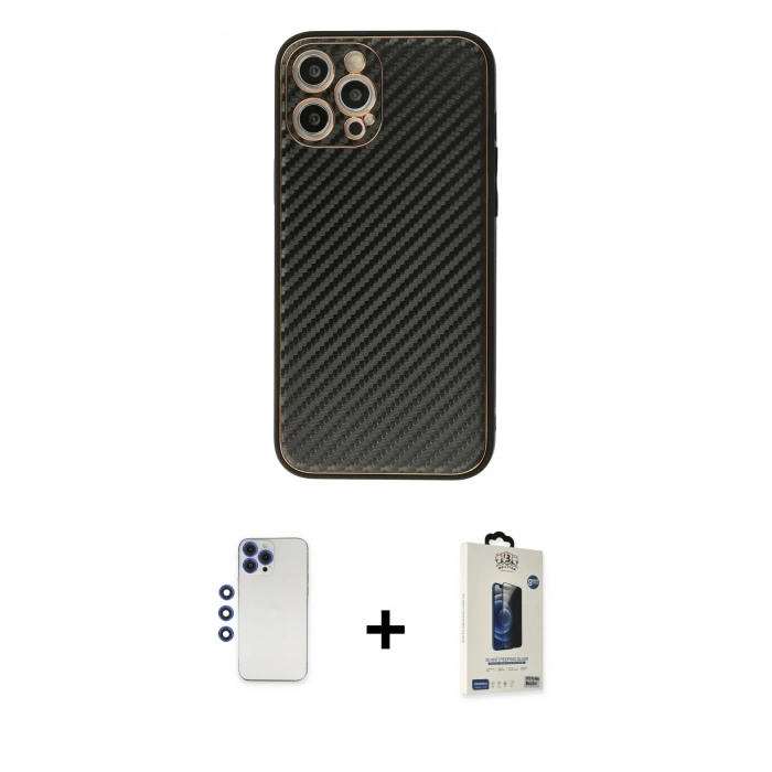 MARSİLYAN™- iPhone 12 Pro Max Kılıf Ahenk Işık - Siyah Bilvis Hayalet Cam Ekran Koruyucu + Shine Kamera Lens - LT