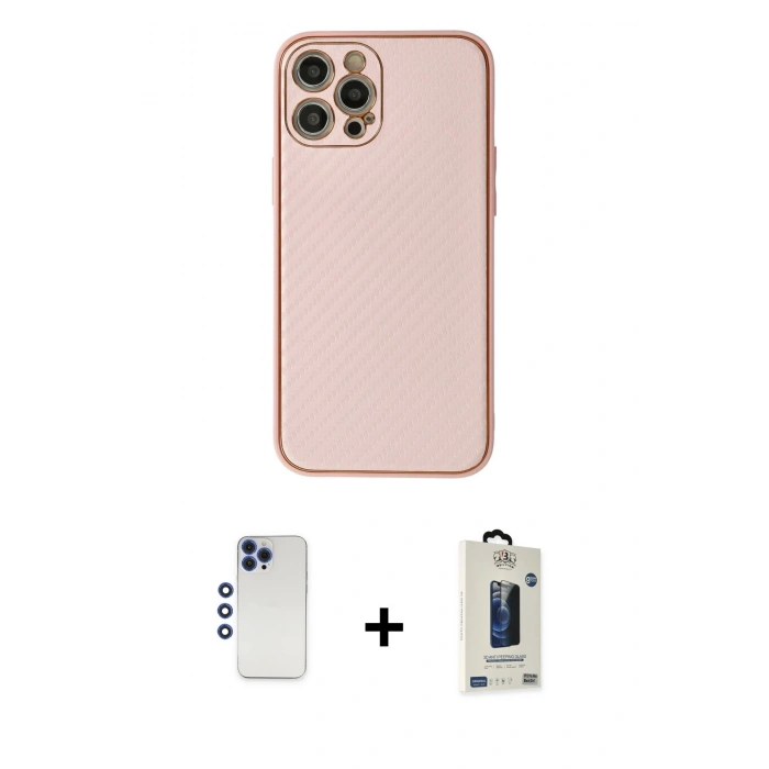 MARSİLYAN™- iPhone 12 Pro Max Kılıf Ahenk Işık - Siyah Bilvis Hayalet Cam Ekran Koruyucu + Shine Kamera Lens - LT