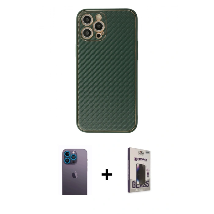 MARSİLYAN™- iPhone 12 Pro Max Kılıf Ahenk Işık - Siyah Bilvis Hayalet Cam Ekran Koruyucu + Neon Fosforlu Kamera Lens - MI