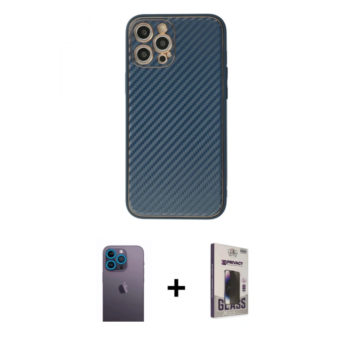 MARSİLYAN™- iPhone 12 Pro Max Kılıf Ahenk Işık - Siyah Bilvis Hayalet Cam Ekran Koruyucu + Neon Fosforlu Kamera Lens - MI