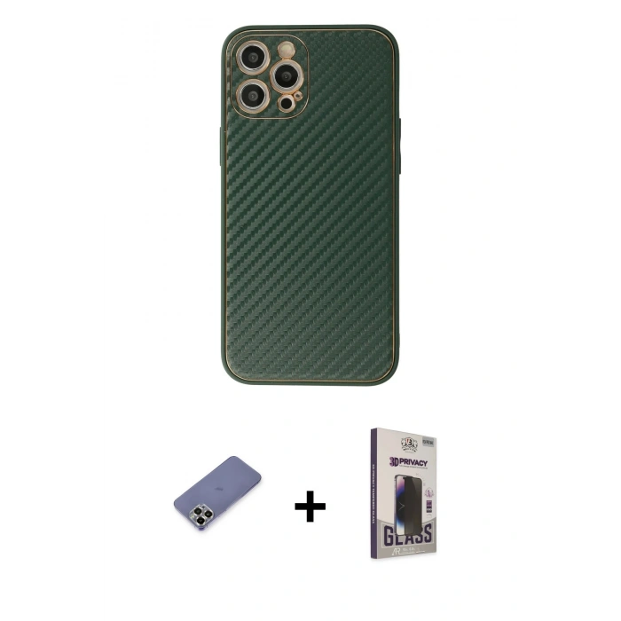 MARSİLYAN™- iPhone 12 Pro Max Kılıf Ahenk Işık - Siyah Bilvis Hayalet Cam Ekran Koruyucu + Metal Kamera Lens Koruma Cam - GD