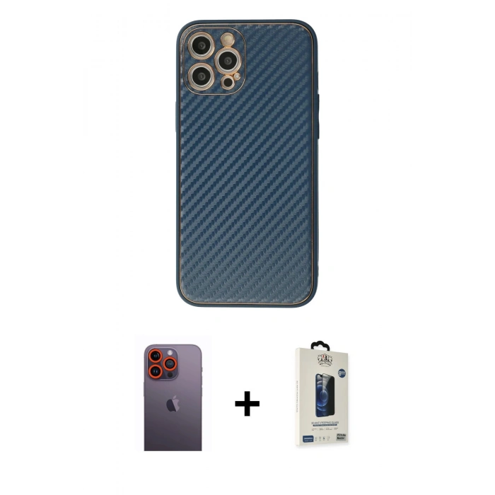 MARSİLYAN™- iPhone 12 Pro Max Kılıf Ahenk Işık - Siyah Bilvis Hayalet Cam Ekran Koruyucu + Neon Fosforlu Kamera Lens - TU