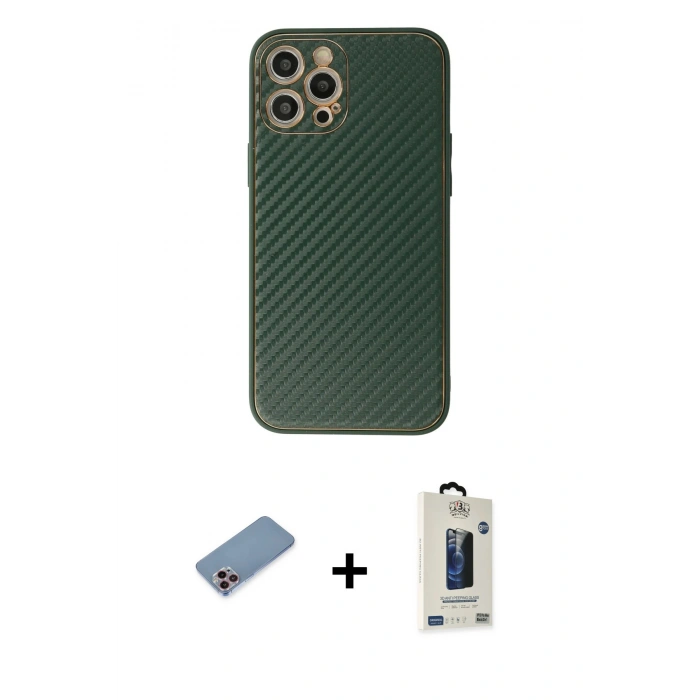 MARSİLYAN™- iPhone 12 Pro Max Kılıf Ahenk Işık - Siyah Bilvis Hayalet Cam Ekran Koruyucu + Shine Kamera Lens Koruma Cam - PE