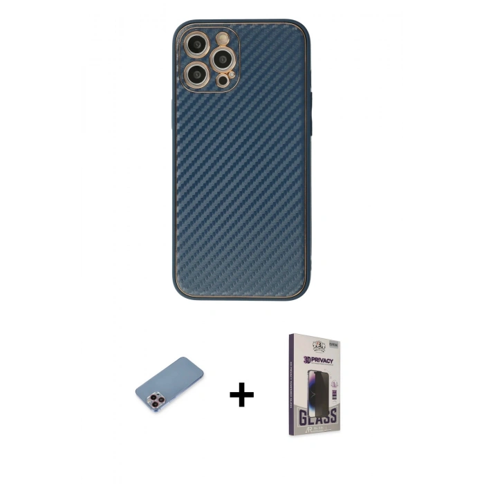 MARSİLYAN™- iPhone 12 Pro Max Kılıf Ahenk Işık - Siyah Bilvis Hayalet Cam Ekran Koruyucu + Shine Kamera Lens Koruma Cam - PE