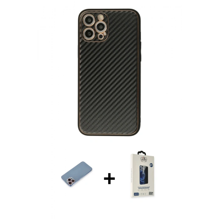 MARSİLYAN™- iPhone 12 Pro Max Kılıf Ahenk Işık - Siyah Bilvis Hayalet Cam Ekran Koruyucu + Shine Kamera Lens Koruma Cam - PE