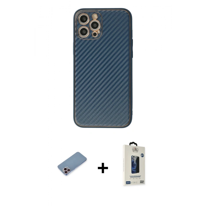 MARSİLYAN™- iPhone 12 Pro Max Kılıf Ahenk Işık - Siyah Bilvis Hayalet Cam Ekran Koruyucu + Shine Kamera Lens Koruma Cam - PE