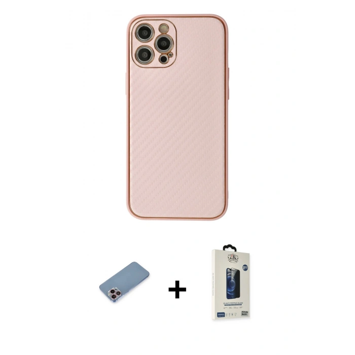 MARSİLYAN™- iPhone 12 Pro Max Kılıf Ahenk Işık - Siyah Bilvis Hayalet Cam Ekran Koruyucu + Shine Kamera Lens Koruma Cam - PE