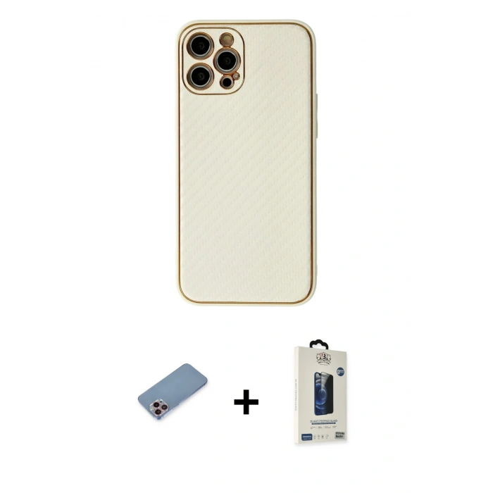 MARSİLYAN™- iPhone 12 Pro Max Kılıf Ahenk Işık - Siyah Bilvis Hayalet Cam Ekran Koruyucu + Shine Kamera Lens Koruma Cam - PE