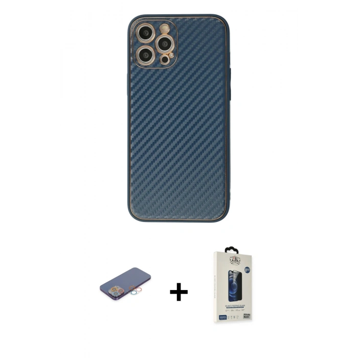 MARSİLYAN™- iPhone 12 Pro Max Kılıf Ahenk Işık - Siyah Bilvis Hayalet Cam Ekran Koruyucu + Renkli Kamera Lens Koruma Cam - PE