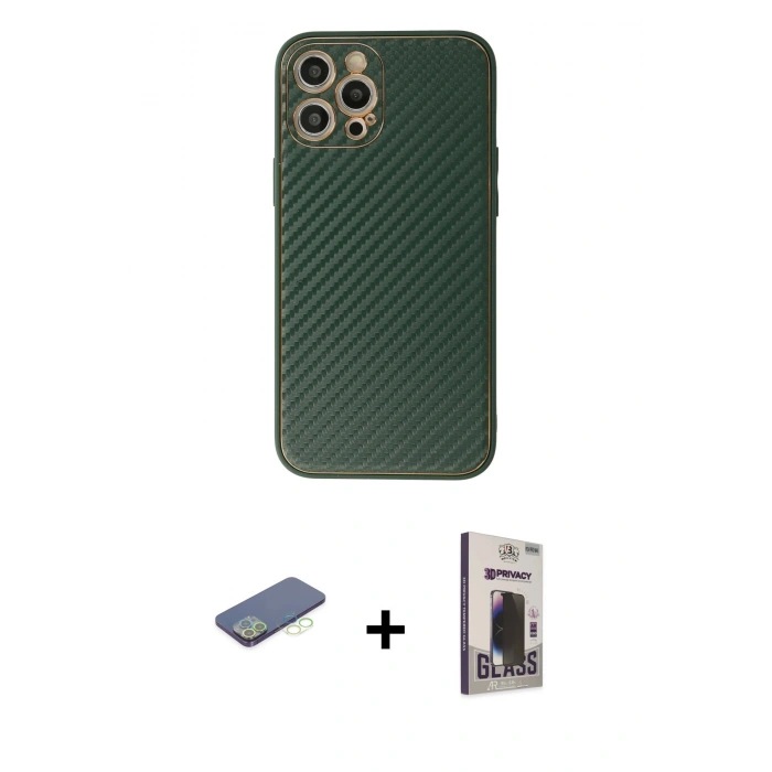 MARSİLYAN™- iPhone 12 Pro Max Kılıf Ahenk Işık - Siyah Bilvis Hayalet Cam Ekran Koruyucu + Renkli Kamera Lens Koruma Cam - YL