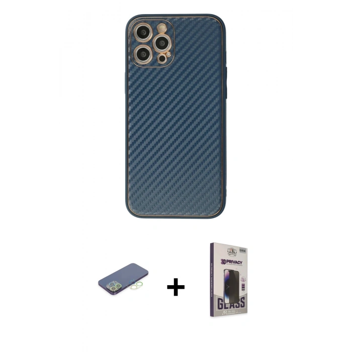 MARSİLYAN™- iPhone 12 Pro Max Kılıf Ahenk Işık - Siyah Bilvis Hayalet Cam Ekran Koruyucu + Renkli Kamera Lens Koruma Cam - YL