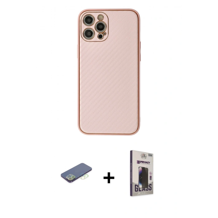 MARSİLYAN™- iPhone 12 Pro Max Kılıf Ahenk Işık - Siyah Bilvis Hayalet Cam Ekran Koruyucu + Renkli Kamera Lens Koruma Cam - YL