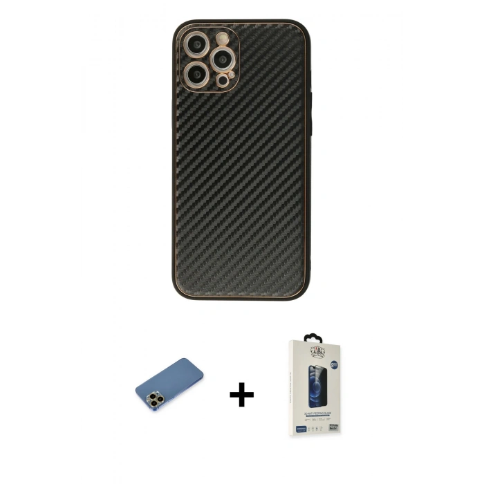 MARSİLYAN™- iPhone 12 Pro Max Kılıf Ahenk Işık - Siyah Bilvis Hayalet Cam Ekran Koruyucu + Shine Kamera Lens Koruma Cam - GD