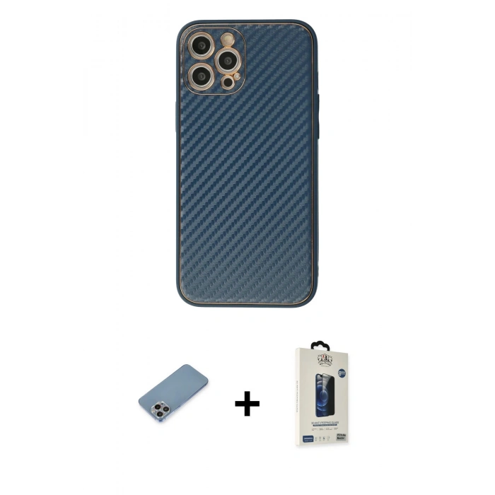 MARSİLYAN™- iPhone 12 Pro Max Kılıf Ahenk Işık - Siyah Bilvis Hayalet Cam Ekran Koruyucu + Shine Kamera Lens Koruma Cam - GI