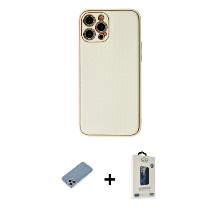 MARSİLYAN™- iPhone 12 Pro Max Kılıf Ahenk Işık - Siyah Bilvis Hayalet Cam Ekran Koruyucu + Shine Kamera Lens Koruma Cam - GI