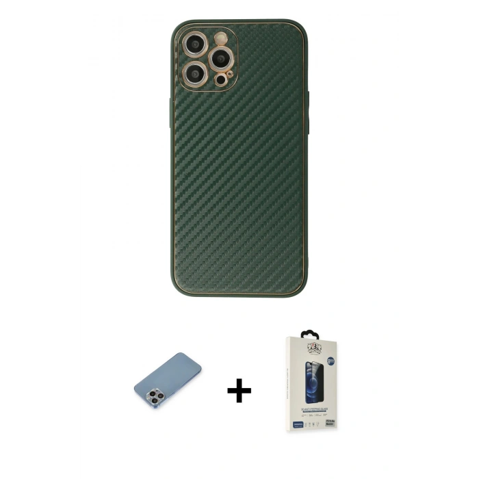 MARSİLYAN™- iPhone 12 Pro Max Kılıf Ahenk Işık - Siyah Bilvis Hayalet Cam Ekran Koruyucu + Shine Kamera Lens Koruma Cam - GI