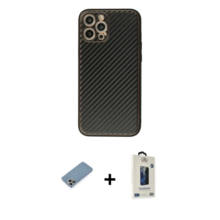 MARSİLYAN™- iPhone 12 Pro Max Kılıf Ahenk Işık - Siyah Bilvis Hayalet Cam Ekran Koruyucu + Shine Kamera Lens Koruma Cam - GI