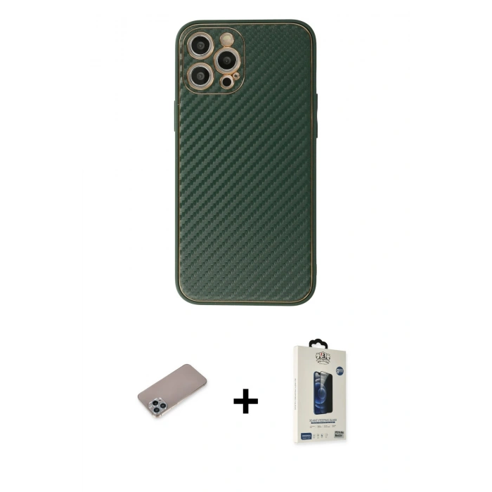 MARSİLYAN™- iPhone 12 Pro Max Kılıf Ahenk Işık - Siyah Bilvis Hayalet Cam Ekran Koruyucu + Shine Kamera Lens Koruma Cam - SABE